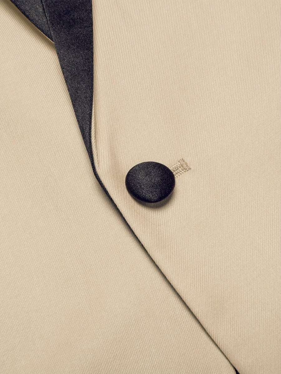 Men's beige single-button blazer with black shawl lapel, long sleeves, casual yet elegant polyester jacket by SHOWLU FASHION STORE.