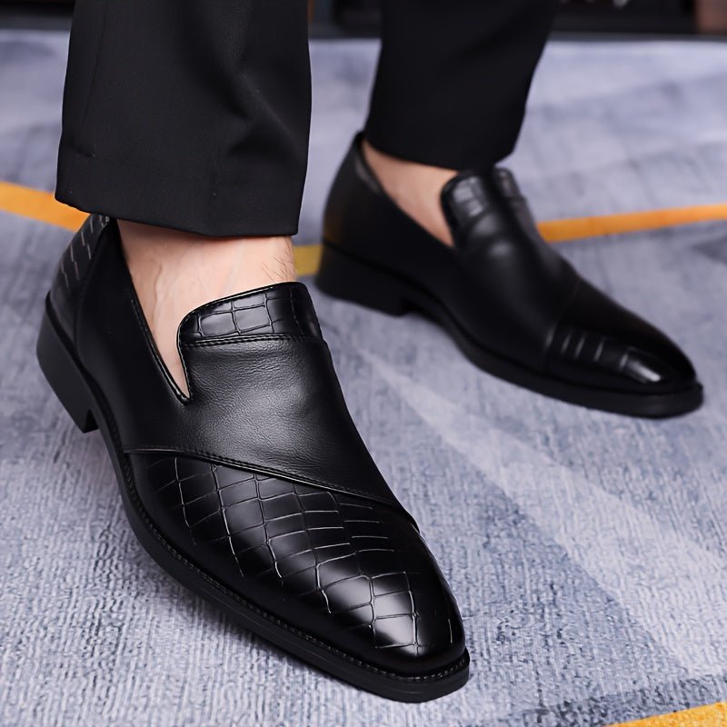 SHOWLU Men's slip-on microfiber leather business shoes, versatile formal loafers with a sleek design and slip-resistant sole.