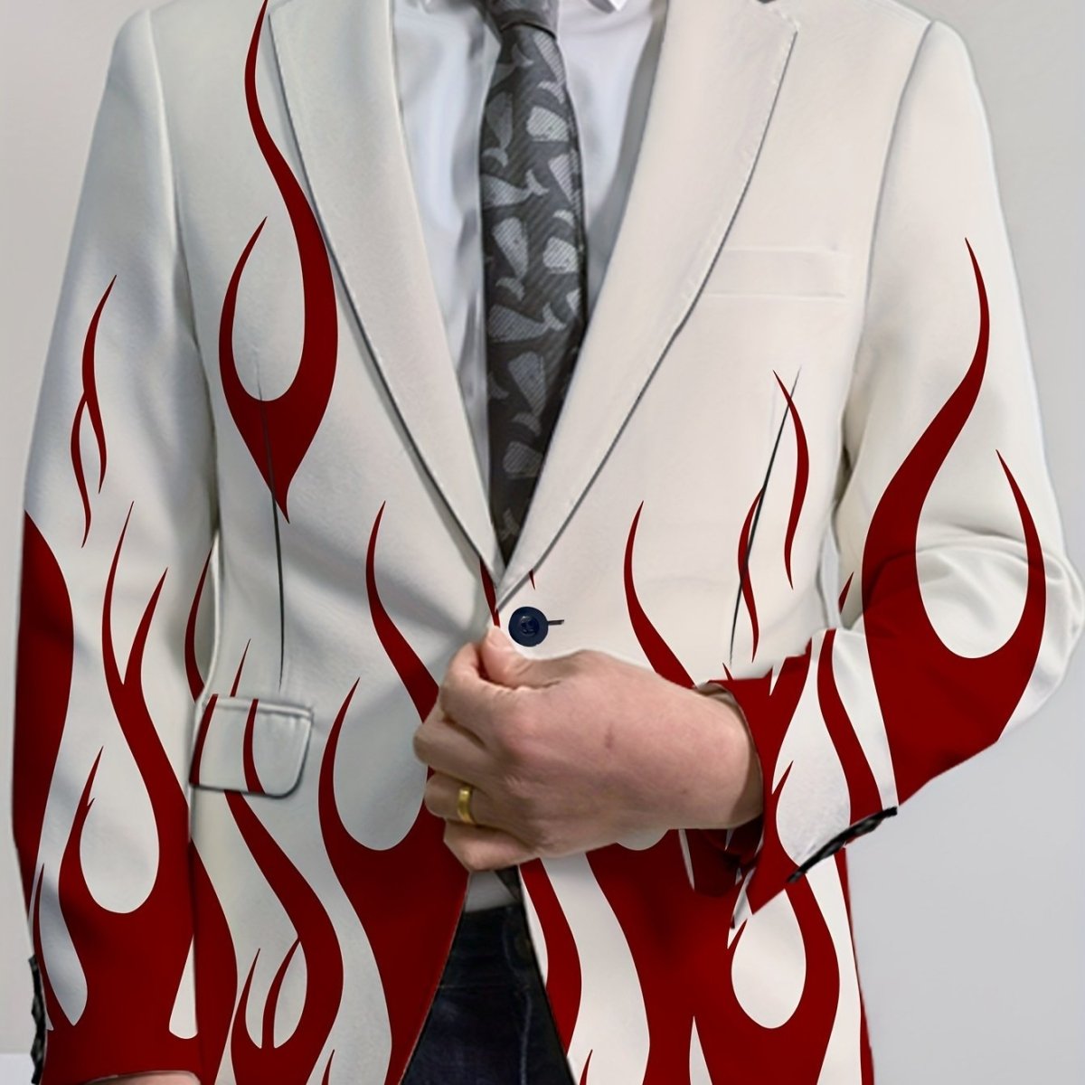 Men's flame print blazer by SHOWLU FASHION with white and red lapel, stylish polyester blend for formal or semi-formal wear.