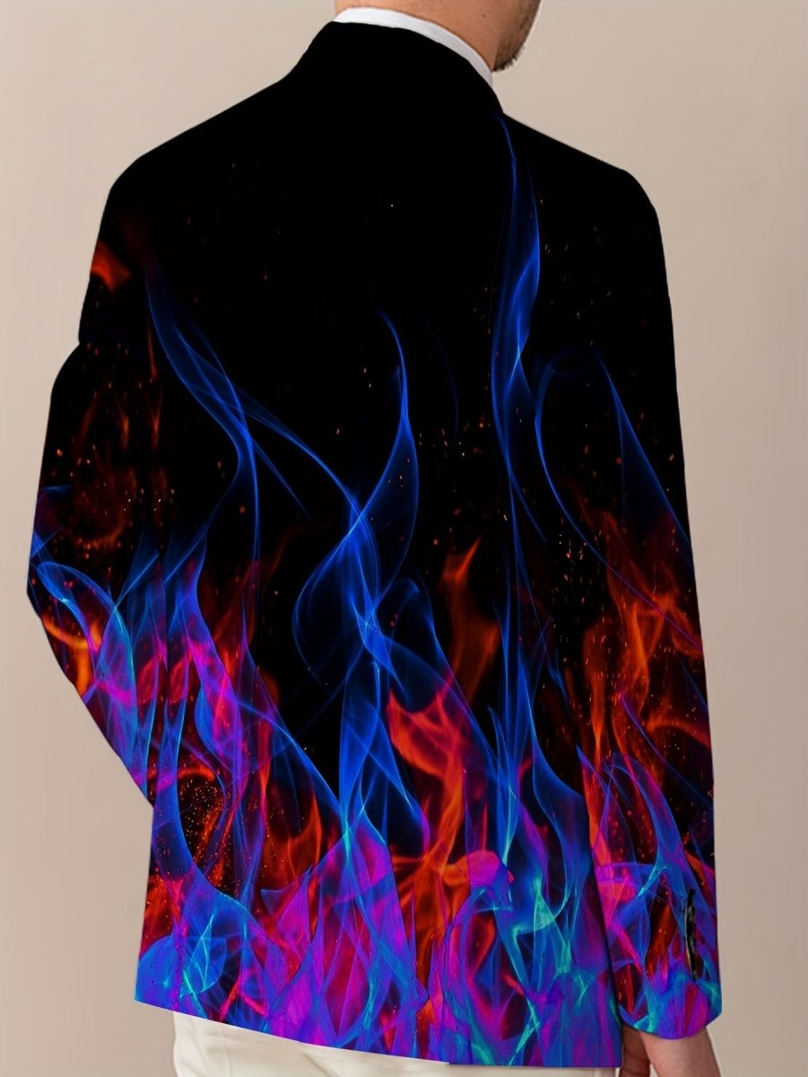 Men's flame print blazer by SHOWLU FASHION, white and red lapel jacket with stylish design, suitable for formal or semi-formal occasions.