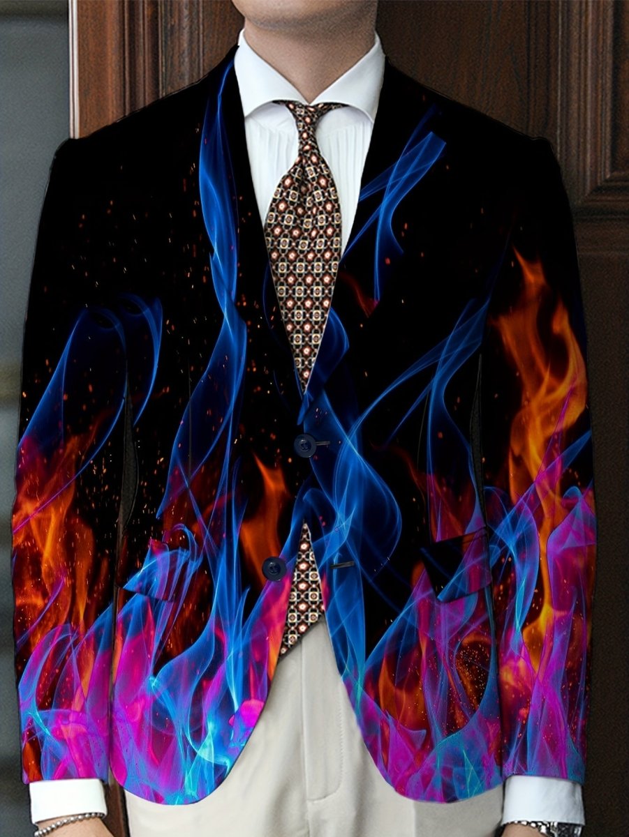 Men's flame print blazer by SHOWLU FASHION, white and red polyester blend jacket with lapel collar, stylish for formal or semi-formal wear.