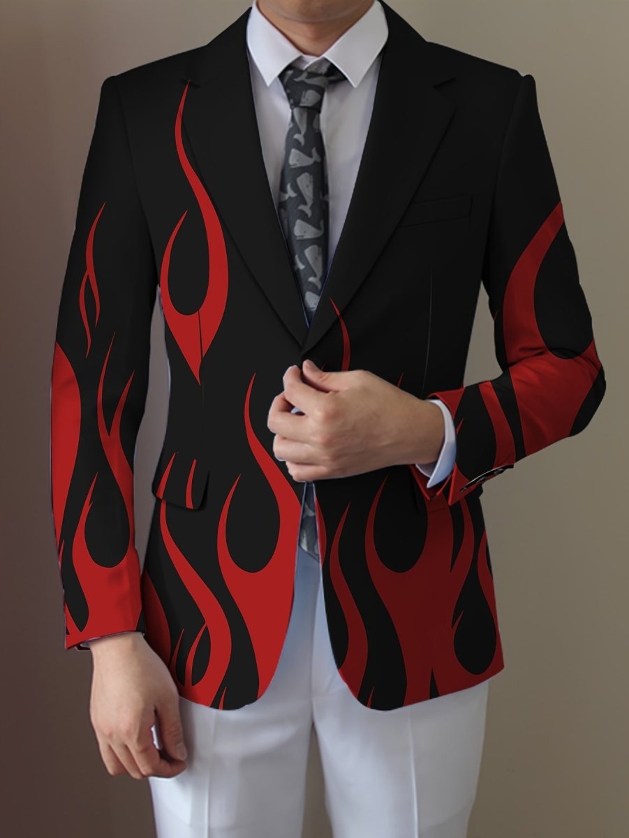 Men's flame print blazer by SHOWLU FASHION, white and red lapel jacket with stylish design, suitable for formal or semi-formal wear.