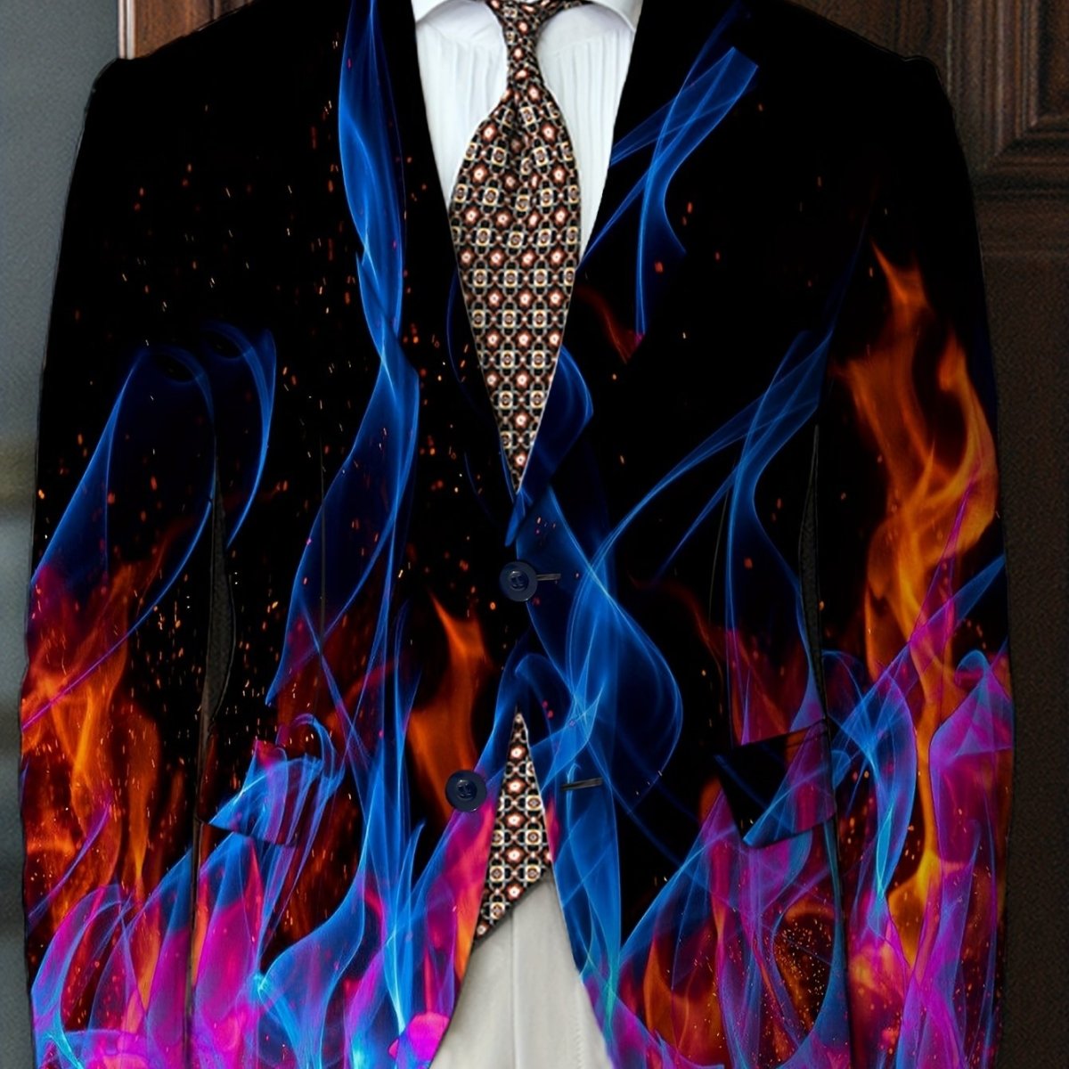 Men's flame print blazer by SHOWLU FASHION, white and red polyester jacket with lapel collar, suitable for formal or semi-formal wear.
