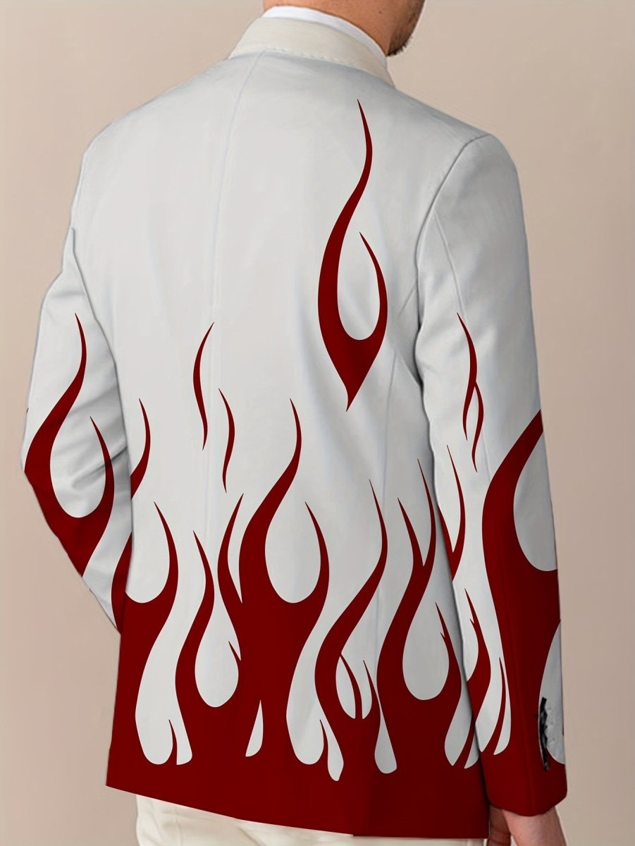 SHOWLU FASHION men's flame print blazer in white and red with lapel collar, stylish polyester blend for formal or semi-formal wear.