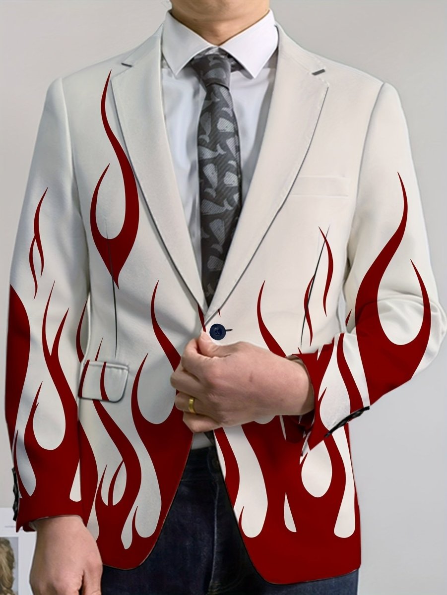 Men's flame print blazer by SHOWLU FASHION, white and red polyester jacket with lapel collar, stylish for formal or semi-formal wear.