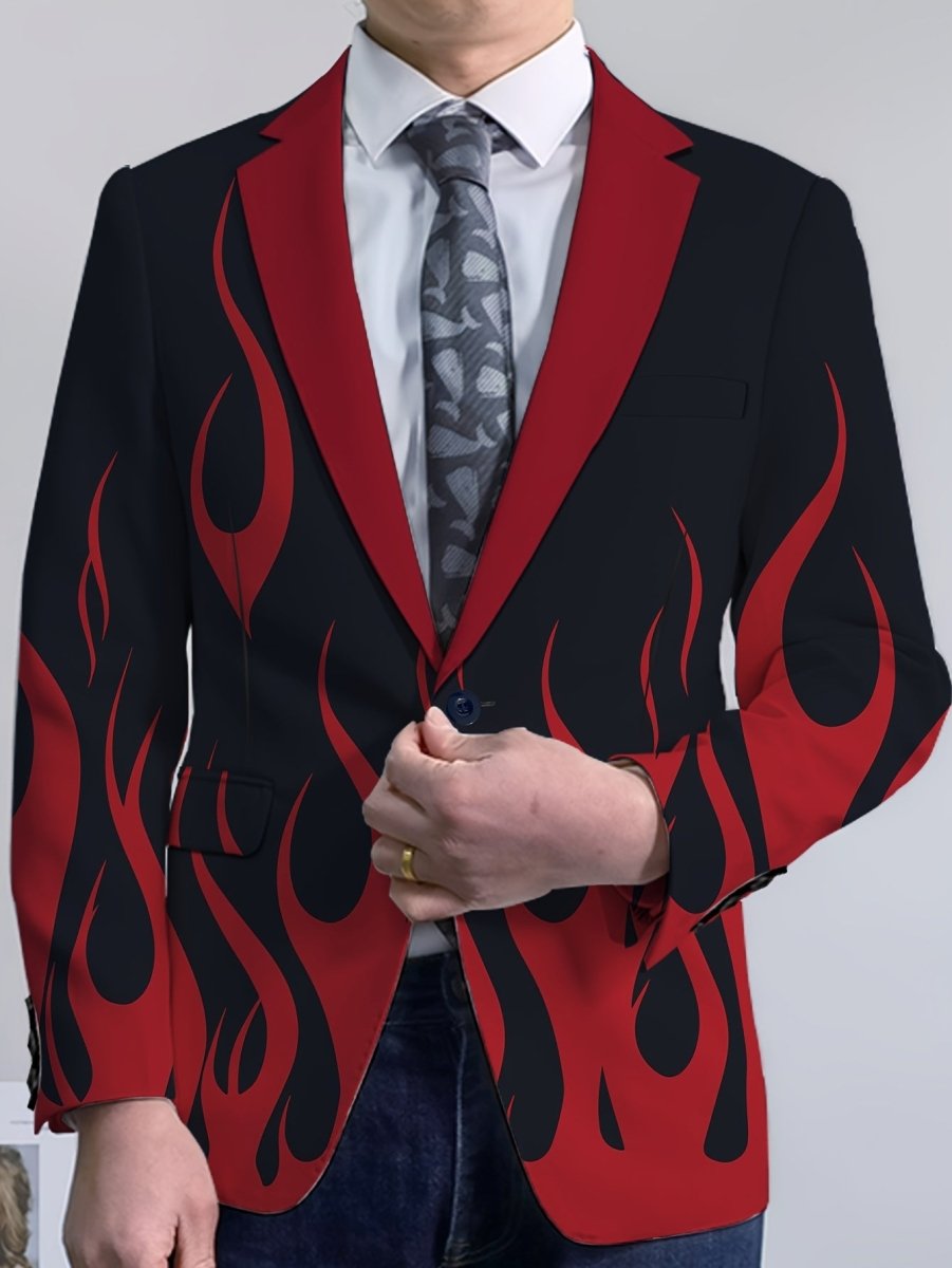 Men's flame print blazer by SHOWLU FASHION with white and red lapel, stylish polyester blend jacket for formal or semi-formal wear