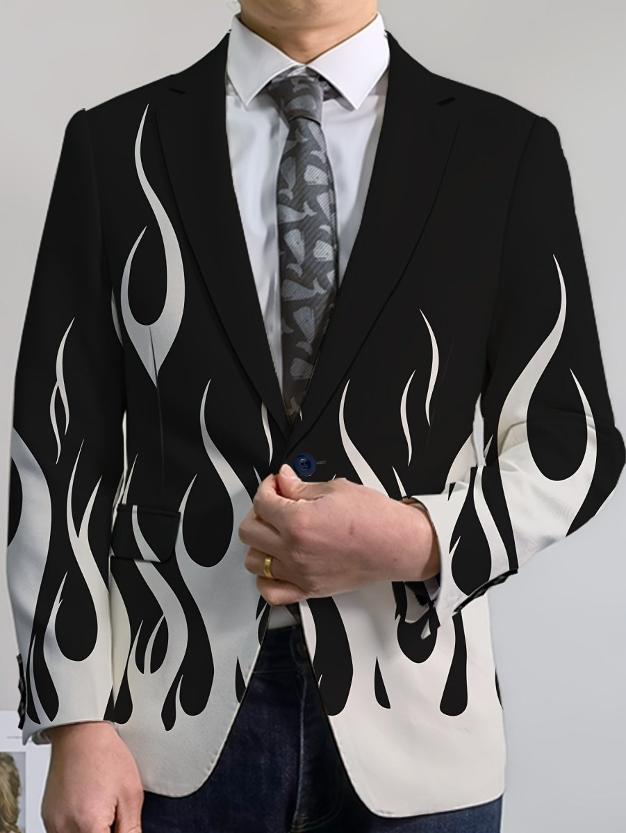 Men's flame print blazer by SHOWLU FASHION, white and red lapel jacket with stylish design, polyester blend, suitable for formal or semi-formal wear.