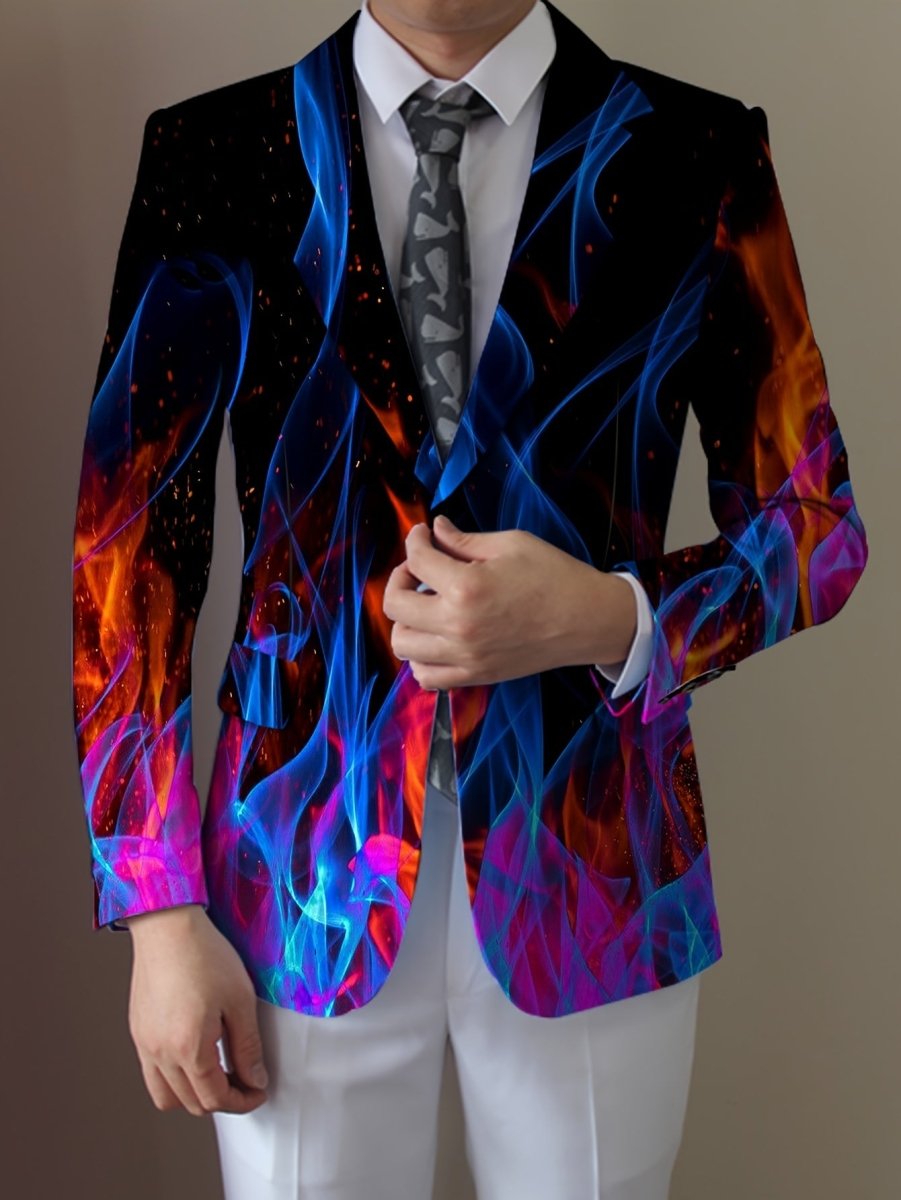 Men's flame print blazer by SHOWLU FASHION, white and red lapel jacket with stylish design, polyester blend, suitable for formal or semi-formal wear.