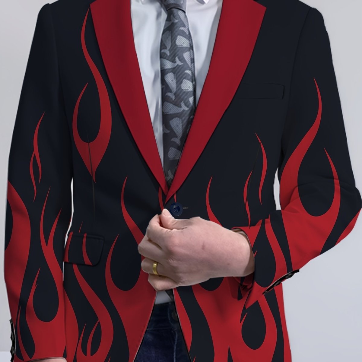 Men's flame print blazer by SHOWLU FASHION, white and red lapel jacket with stylish design, suitable for formal or semi-formal wear.