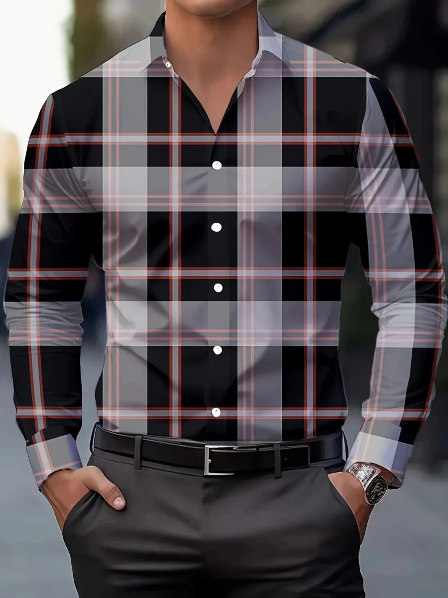 Showlu Fashion men's casual long sleeve shirt with lapel, breathable fabric, suitable for daily wear and business casual outfits.
