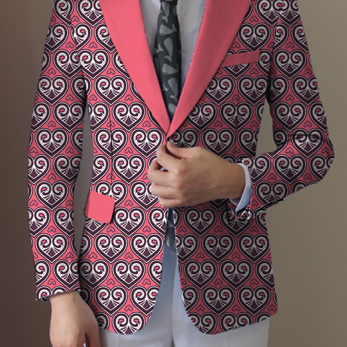 SHOWLU Men's pink and black geometric print blazer with lapel collar, lightweight polyester, two-button design for casual or formal wear