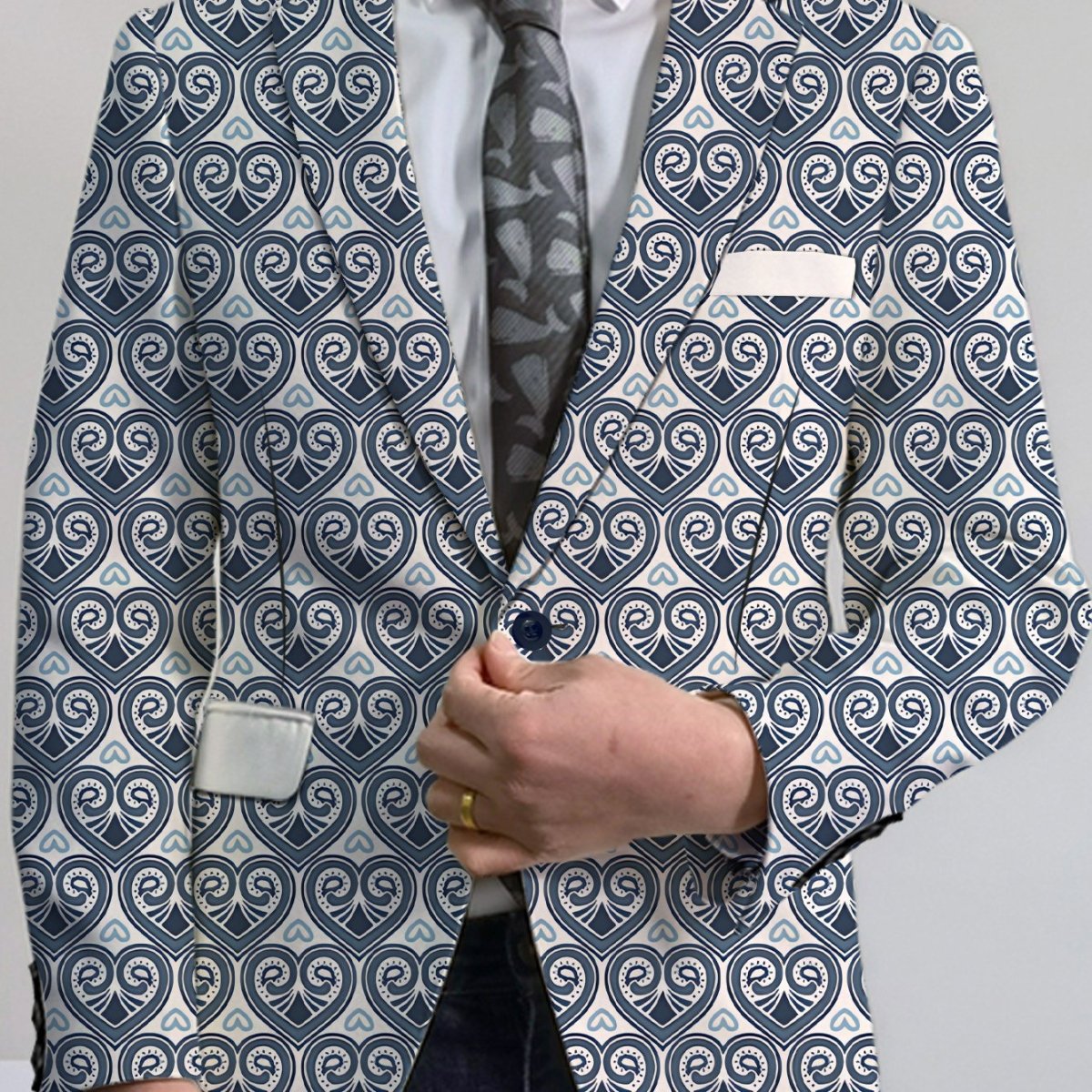 SHOWLU Men's pink and black geometric print blazer with lapel collar, two buttons, lightweight polyester for casual or formal wear.
