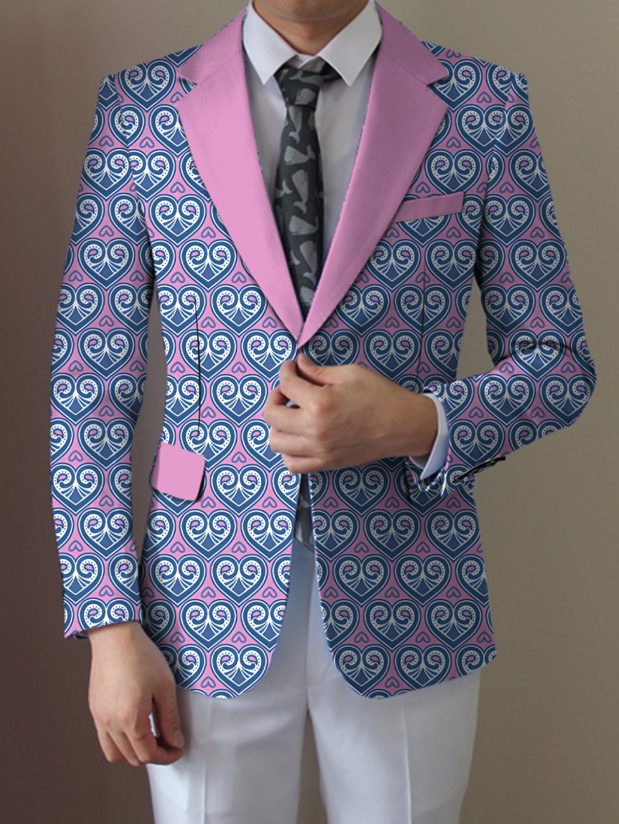SHOWLU Men's pink and black geometric print blazer with lapel collar, lightweight polyester, suitable for casual or business events.