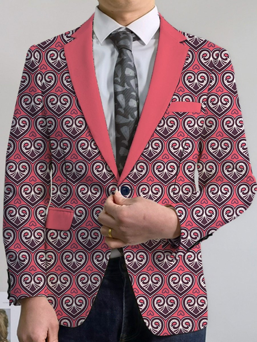 SHOWLU men's pink and black geometric print blazer with lapel collar, lightweight polyester, two-button jacket for casual or formal wear.