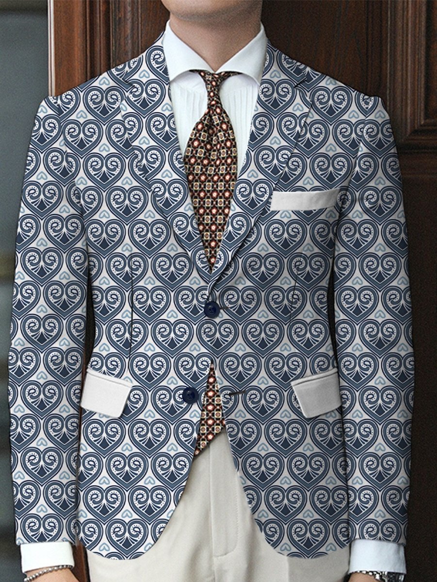 Men's pink and black geometric print blazer by SHOWLU FASHION STORE, lightweight polyester jacket with lapel collar for casual or business wear.