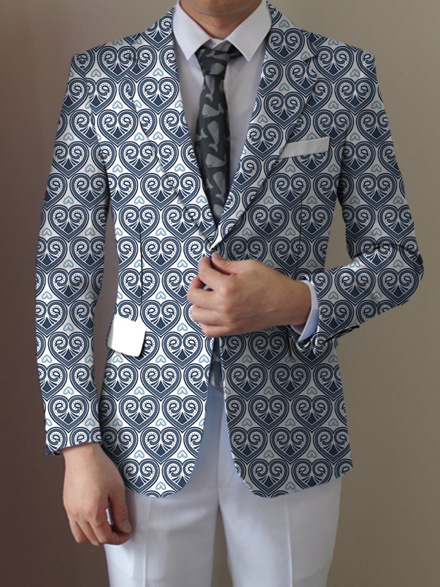 SHOWLU Men's geometric print blazer in pink and black, lightweight polyester jacket with lapel collar for casual or formal wear.