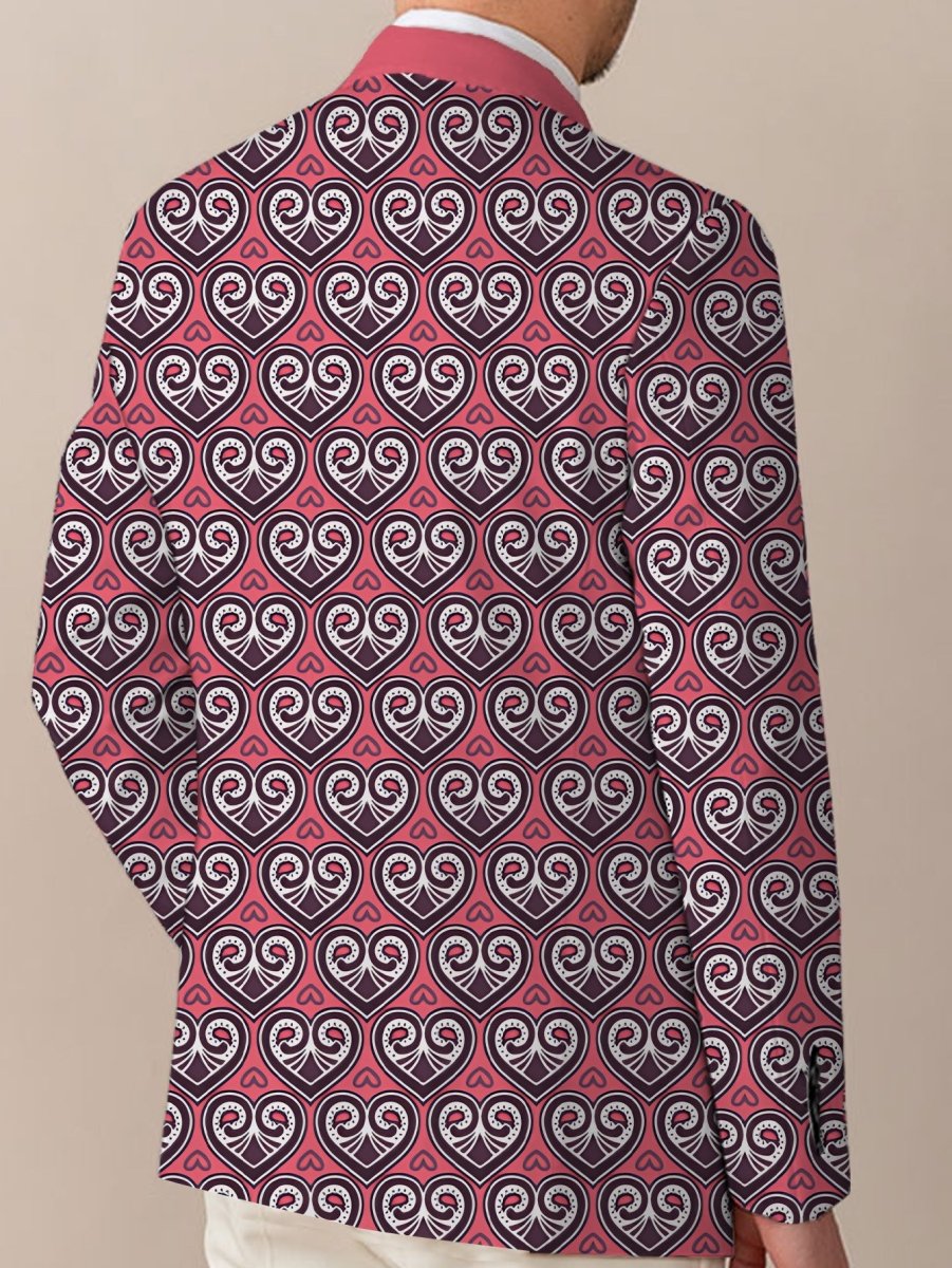 SHOWLU Men's pink and black geometric print blazer with lapel collar, lightweight polyester, casual two-button design for business or social events.