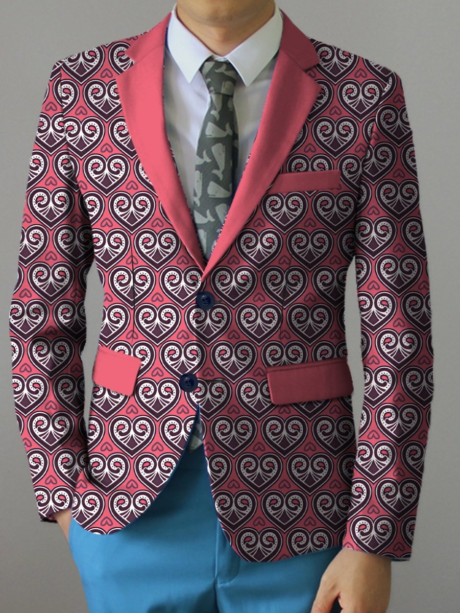 SHOWLU Men's geometric print blazer in pink and black, polyester jacket with lapel collar, two-button design, suitable for casual or formal occasions