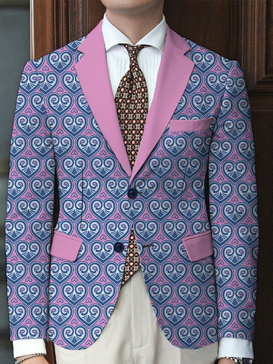 SHOWLU Men's pink and black geometric print blazer with lapel collar, two buttons, lightweight polyester for casual or formal wear.