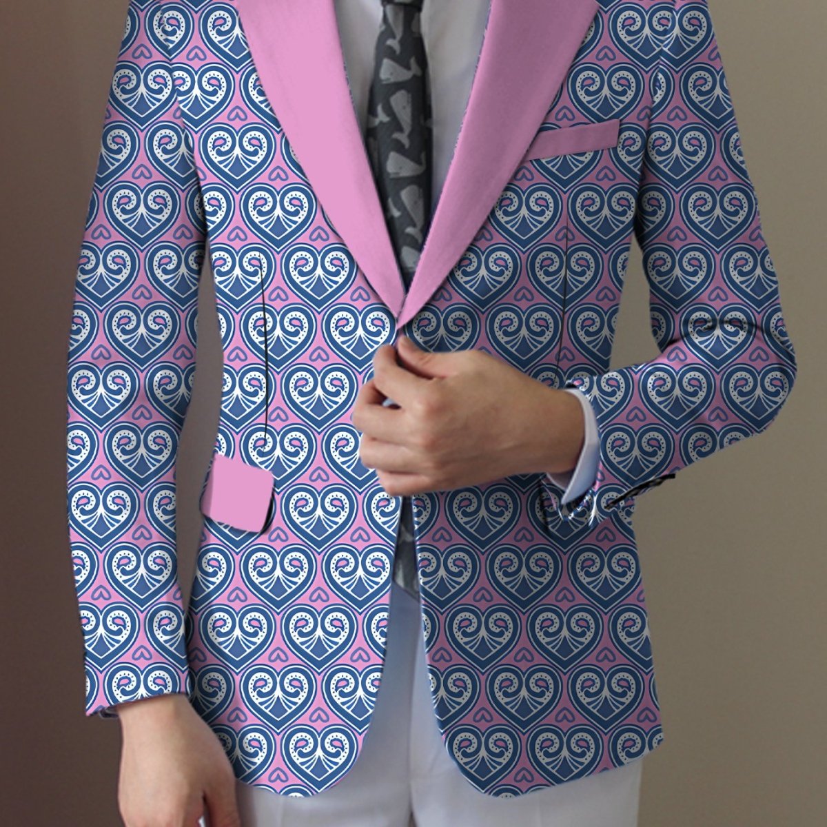 Men's pink and black geometric print blazer by SHOWLU Fashion Store, lightweight polyester jacket with lapel collar for casual or formal wear.