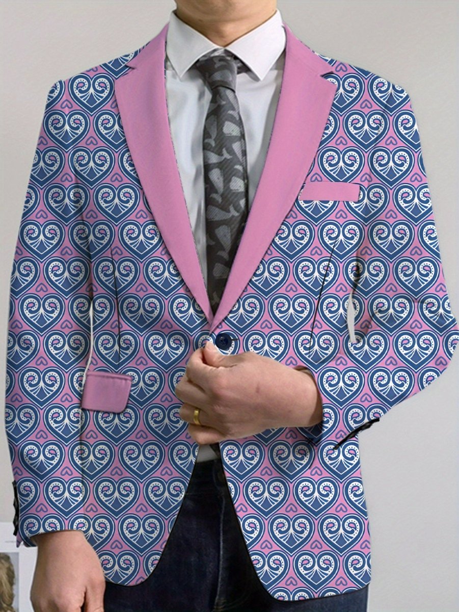 SHOWLU Men's pink and black geometric print blazer with two buttons, lapel collar, lightweight polyester for casual or business wear.