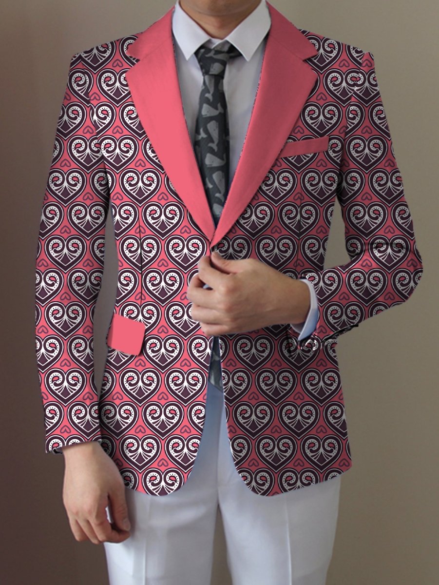 SHOWLU Men's pink and black geometric print blazer with lapel collar, two buttons, lightweight polyester for casual or formal wear.