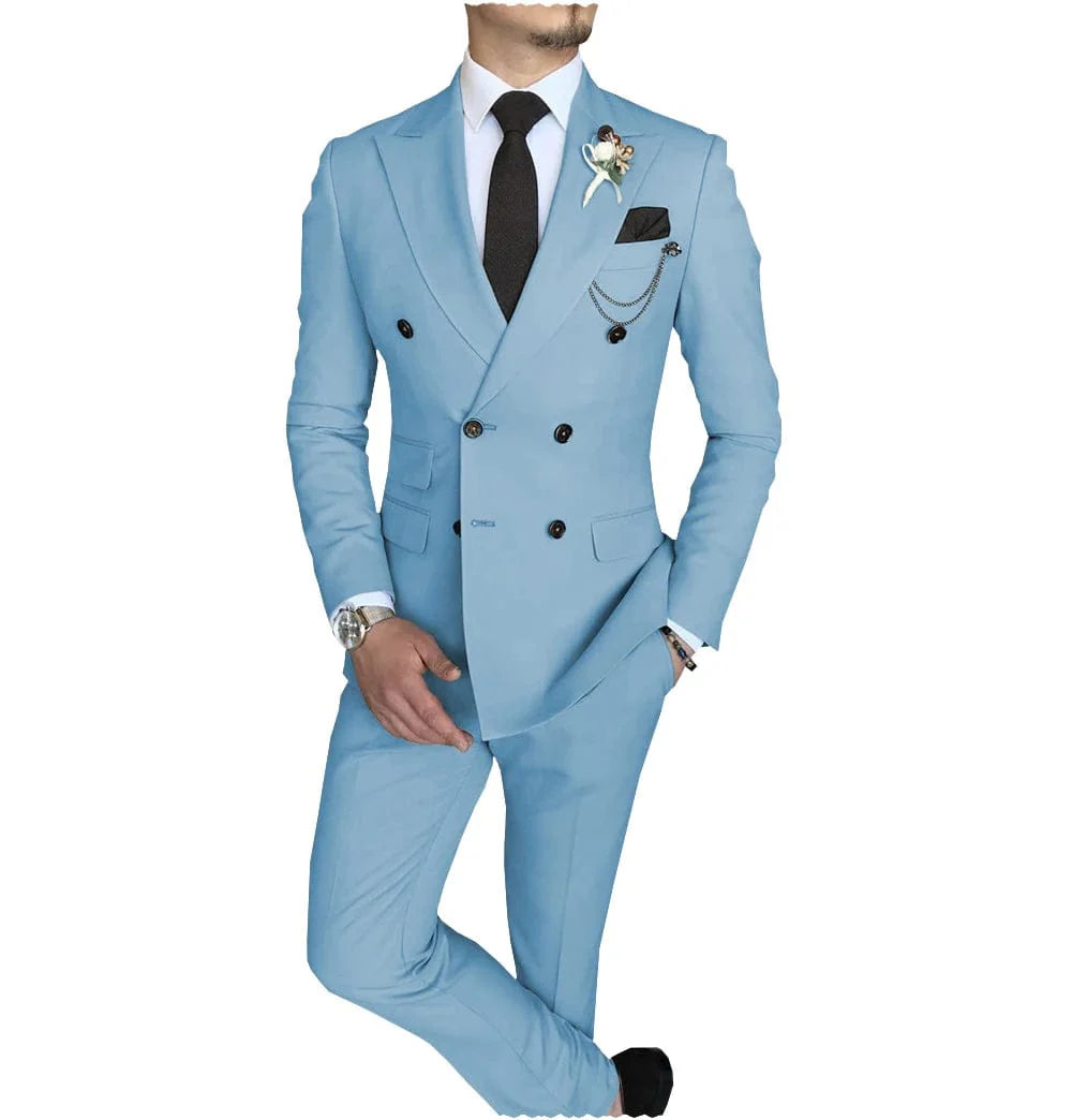Men's SHOWLU FASHION STORE 2-piece slim fit double-breasted suit with peak lapel, blazer and pants, ideal for business or weddings.