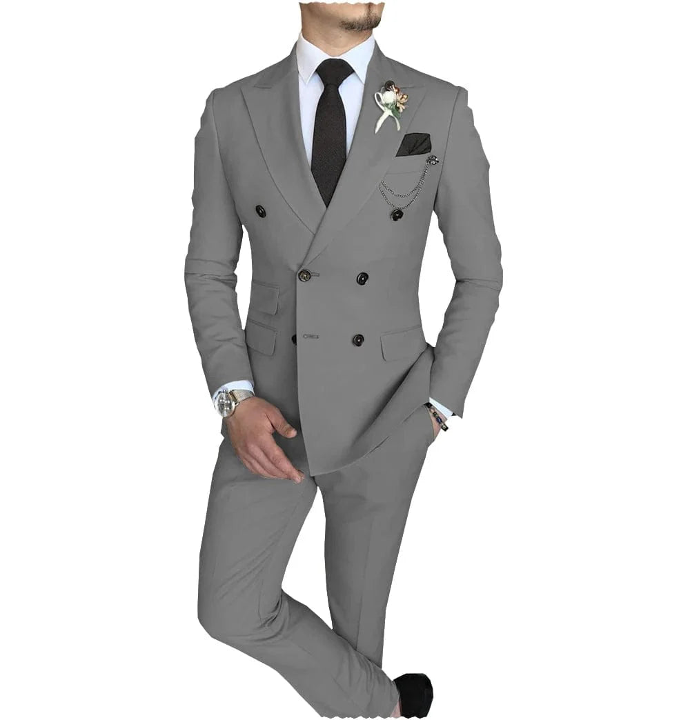 Men's slim fit double-breasted suit with peak lapel, blazer and pants, in a stylish business casual design by SHOWLU FASHION STORE.