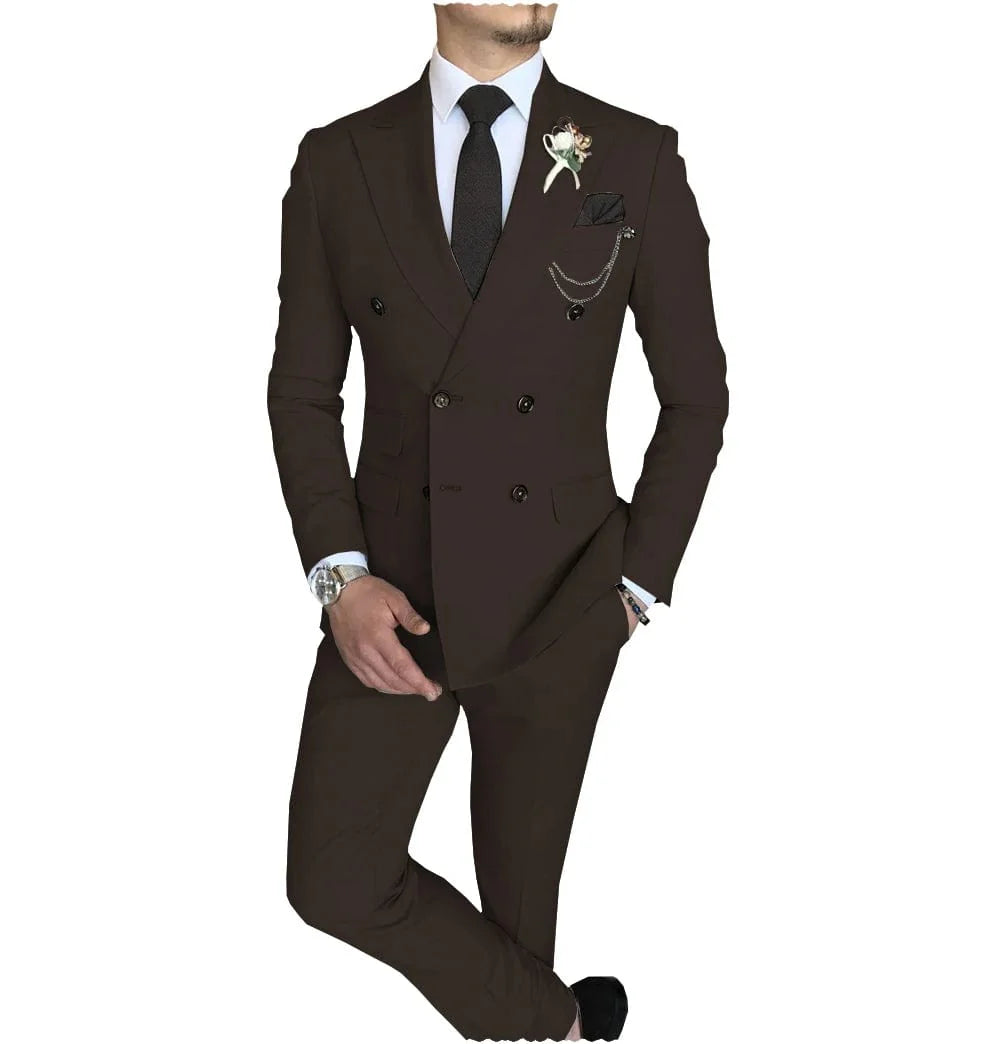 Men's slim fit double-breasted suit with peak lapel blazer and matching pants, stylish business and wedding attire by SHOWLU FASHION.