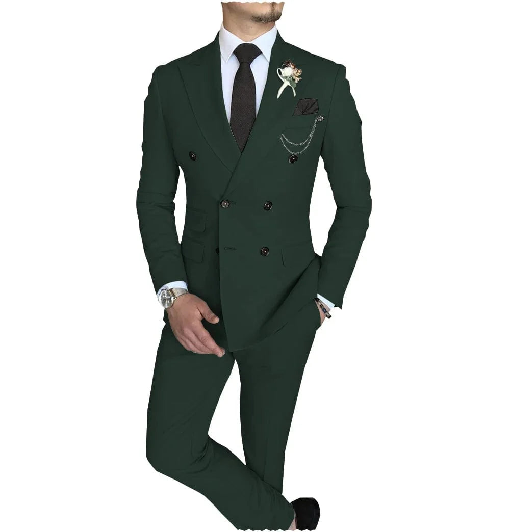 Men's 2-piece slim fit double-breasted suit with peak lapel, blazer and pants, stylish business and wedding attire.