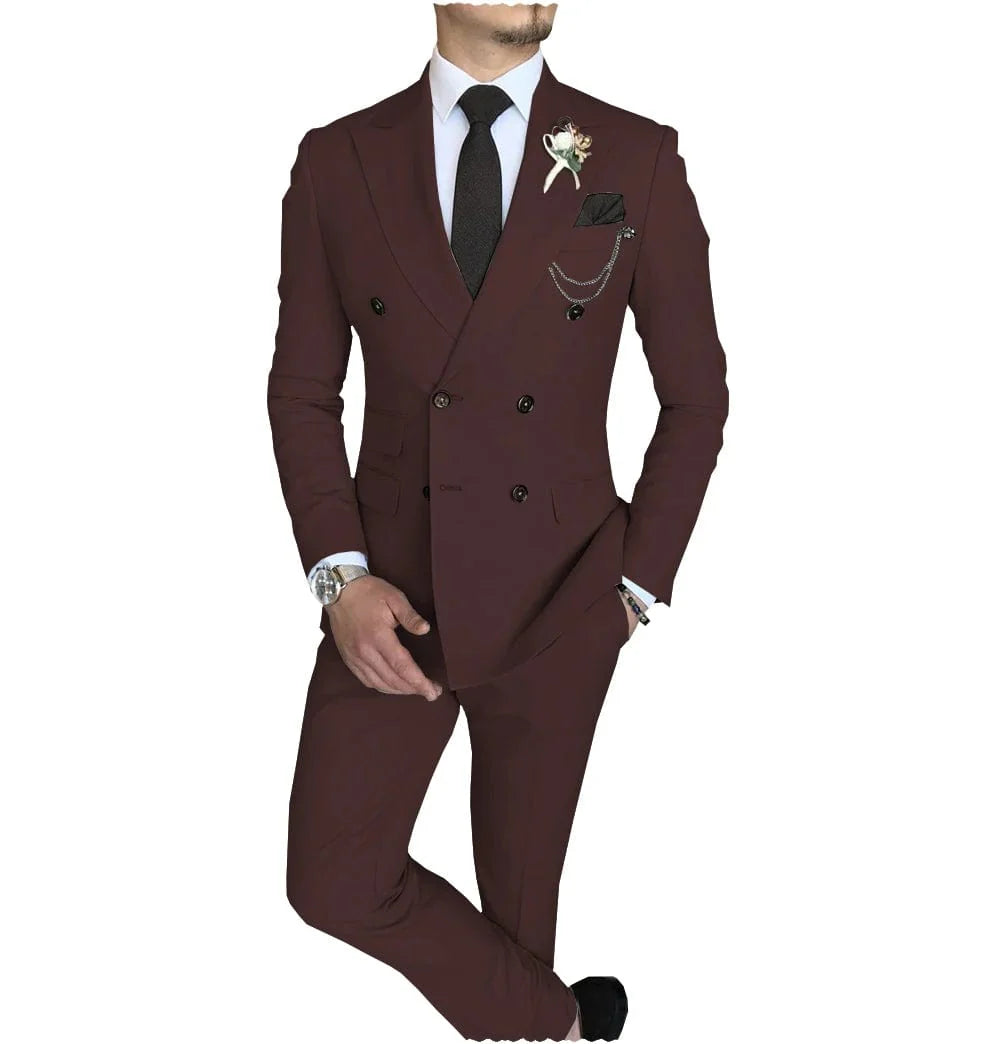 Men's 2-piece slim fit double-breasted suit with peak lapel by SHOWLU FASHION STORE, featuring a blazer and matching pants for formal or wedding wear.