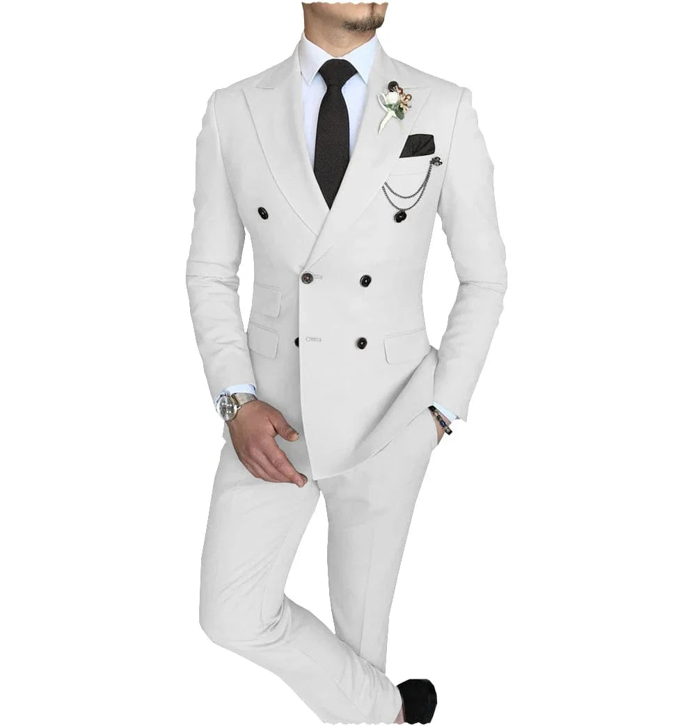 Men's slim fit double-breasted suit with peak lapel, showing the blazer and matching pants for business or wedding occasions.