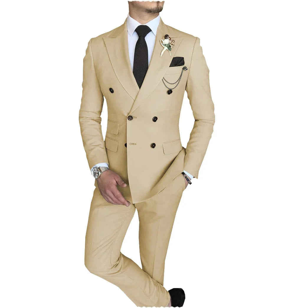 Men's slim fit double-breasted suit by SHOWLU FASHION STORE with peak lapel blazer and matching pants, ideal for business or wedding occasions.