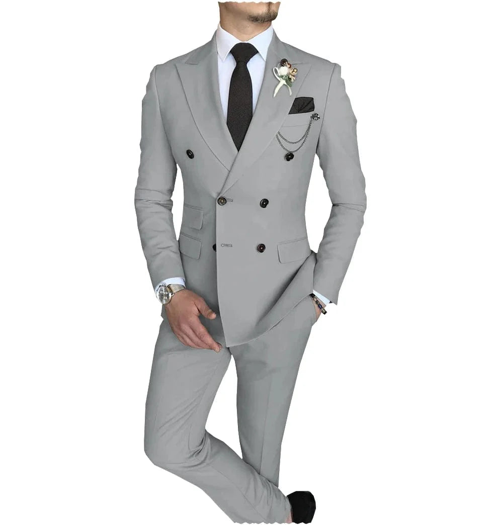 Men's slim fit double-breasted suit with peak lapel, blazer and pants, stylish business and wedding attire by SHOWLU FASHION STORE.