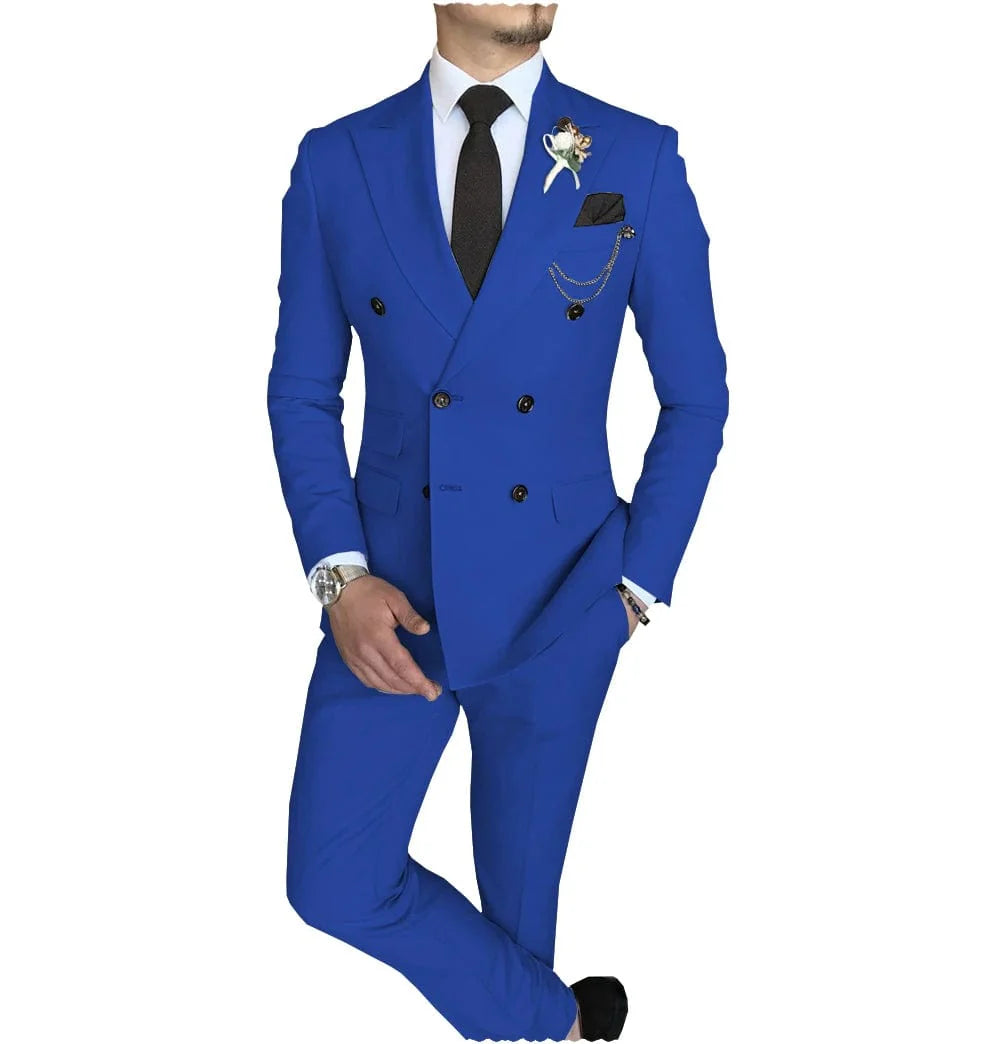 Men's 2-piece slim fit double breasted suit with peak lapel from SHOWLU FASHION STORE, featuring a blazer and matching pants for formal occasions.