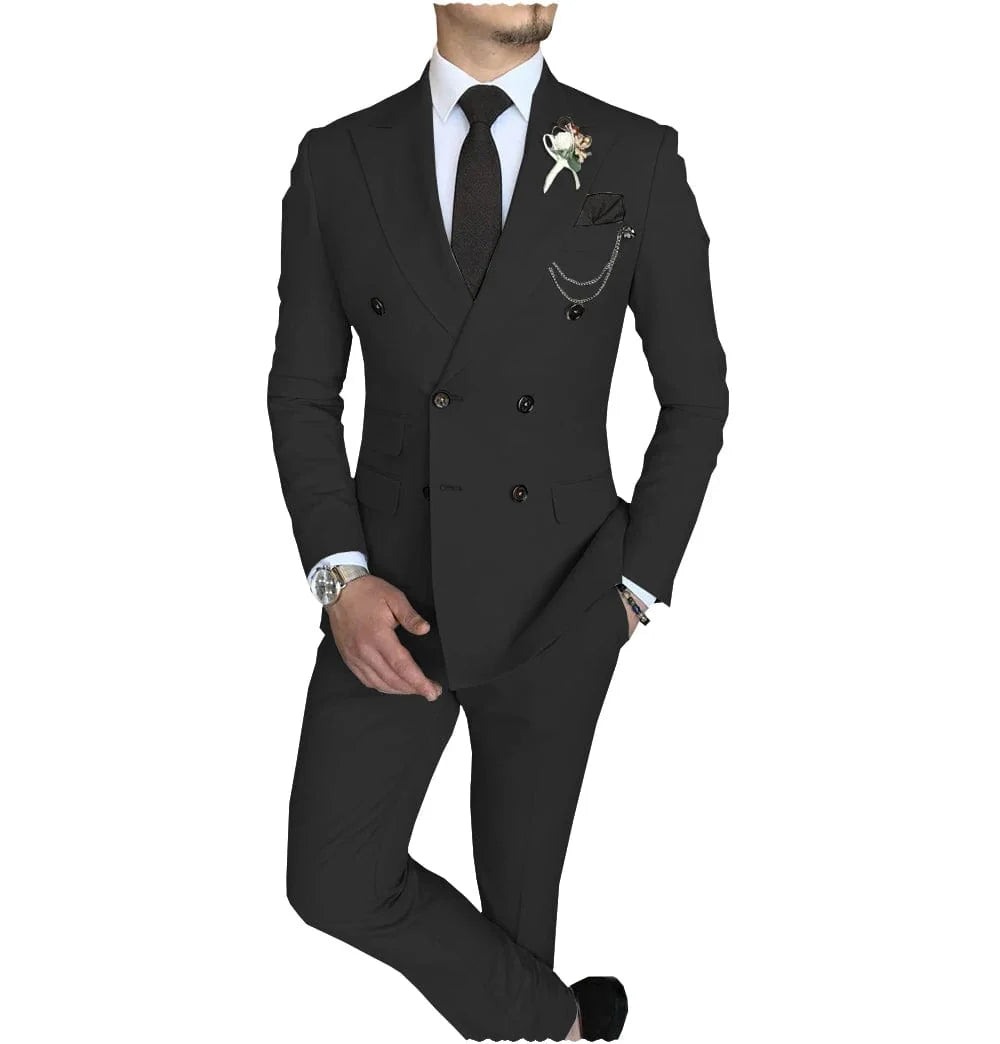 Men's slim fit double-breasted suit by SHOWLU FASHION, featuring a peak lapel blazer and matching pants for business or formal occasions.