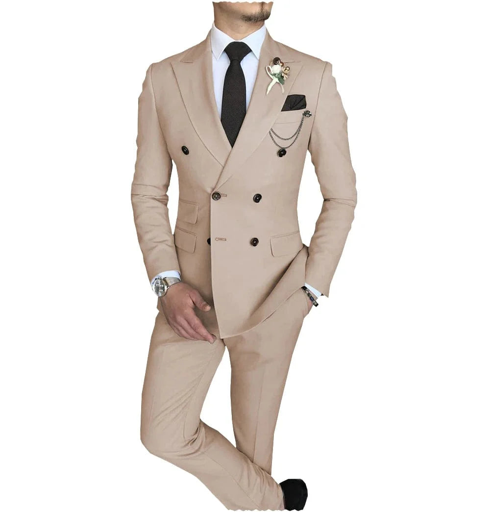 Showlu Fashion Men’s 2-Piece Slim Fit Double Breasted Suit with Peak Lapel, blazer and pants, for business, casual, or wedding occasions.