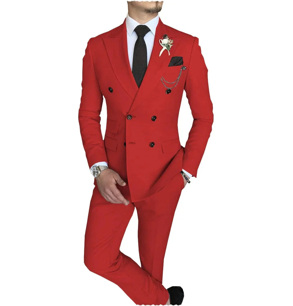 Men's slim fit double-breasted suit by SHOWLU FASHION with peak lapel blazer and matching pants, suitable for business or formal occasions.