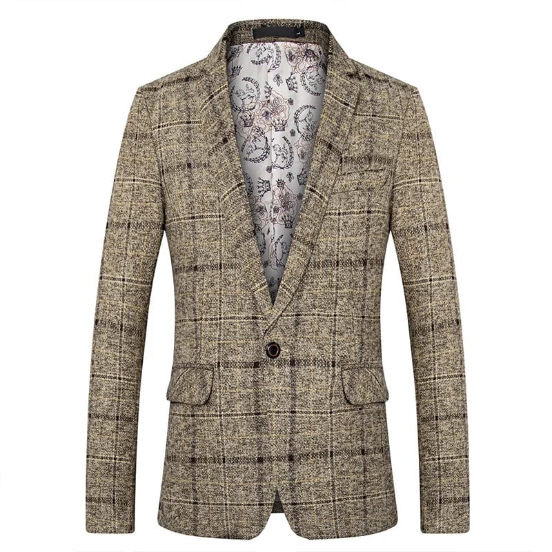 Men's plaid casual blazer by Showlu Fashion, single-breasted suit jacket for smart, professional, and casual occasions.