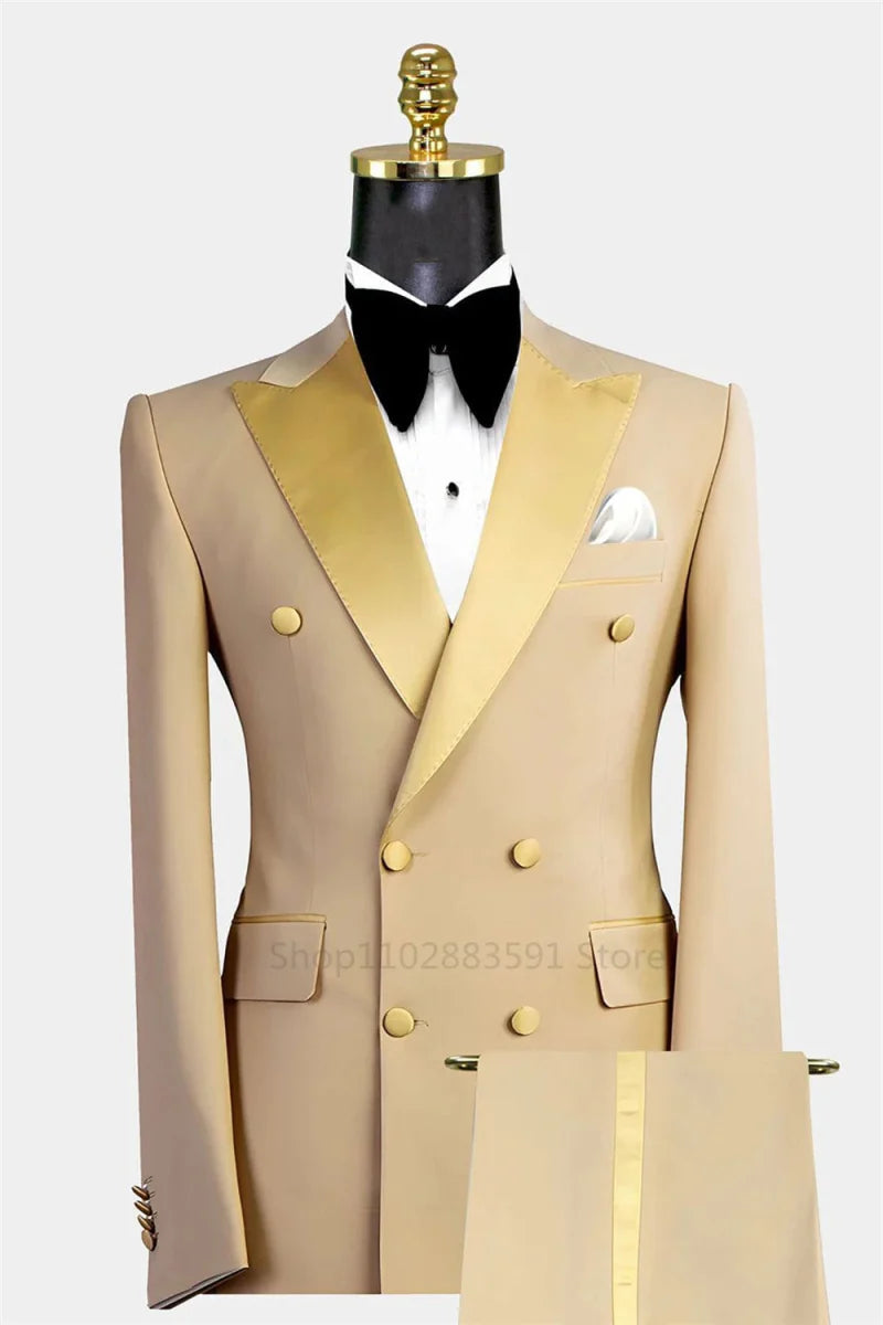 SHOWLU FASHION men's slim fit double-breasted khaki wedding suit with notch lapel, blazer and pants, formal and stylish for special occasions.