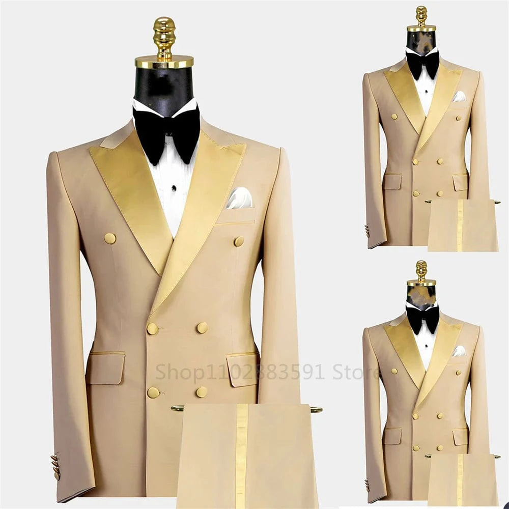 Men's slim fit double-breasted khaki wedding suit by SHOWLU FASHION, featuring notch lapel blazer and matching pants.