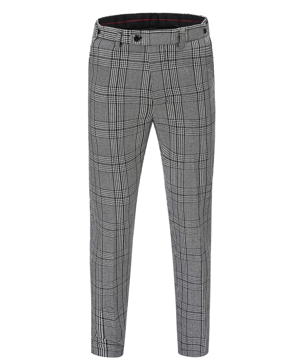 Men's 3-piece plaid suit by Showlu Fashion Store, slim fit wool tweed tuxedo with shawl lapel, suitable for wedding and formal occasions.