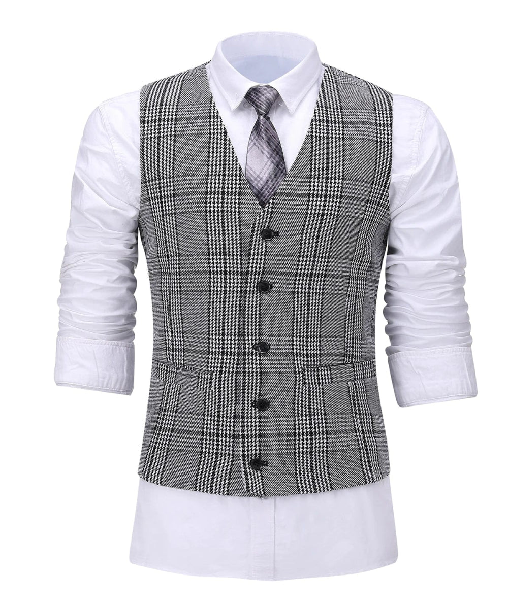 Showlu men's 3-piece plaid suit with slim fit wool tweed, featuring shawl lapel, vest, and pants for formal wedding or groomsmen.