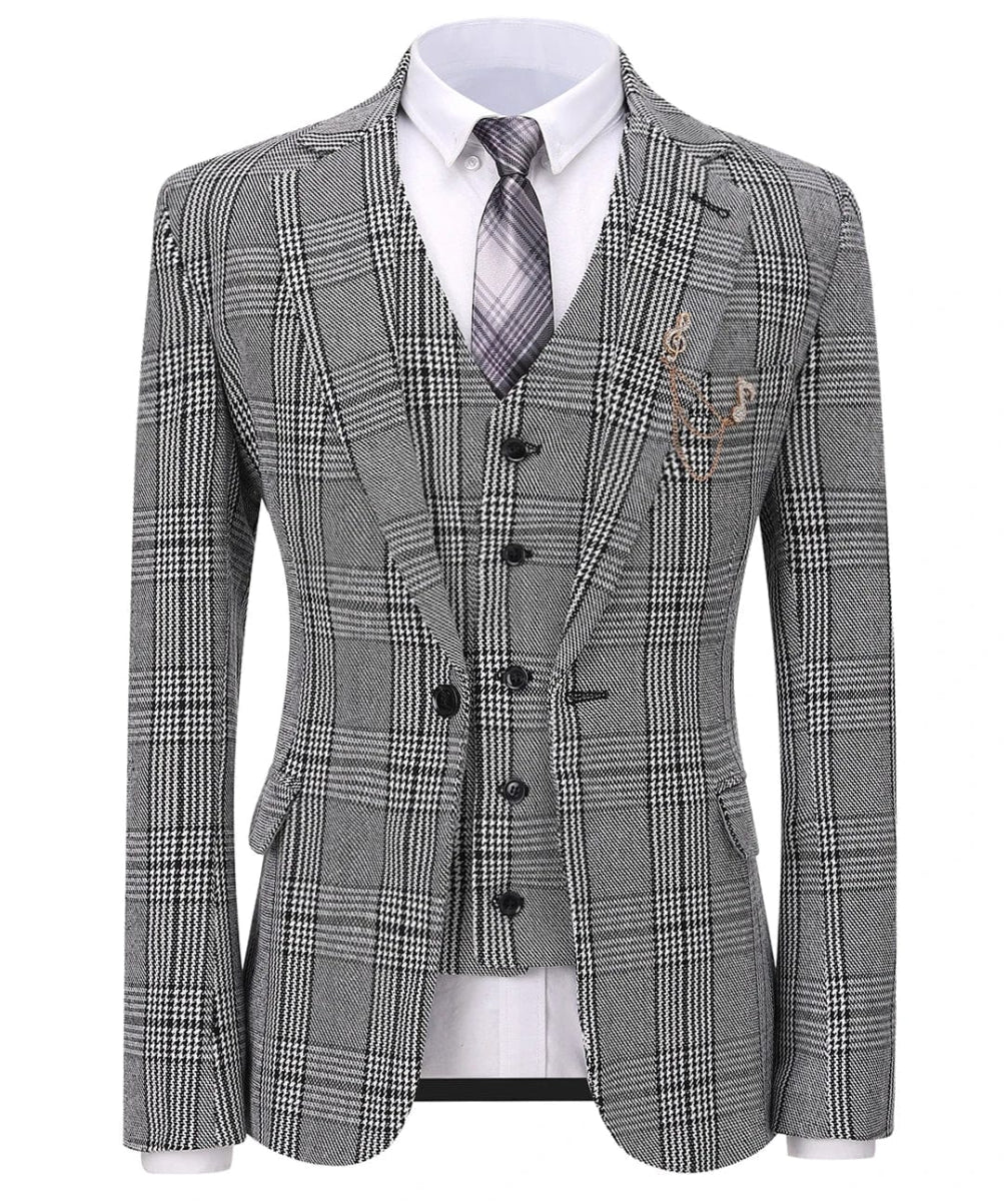 Showlu men's 3-piece plaid suit with slim fit wool tweed, shawl lapel, grey tuxedo for wedding or formal occasions.