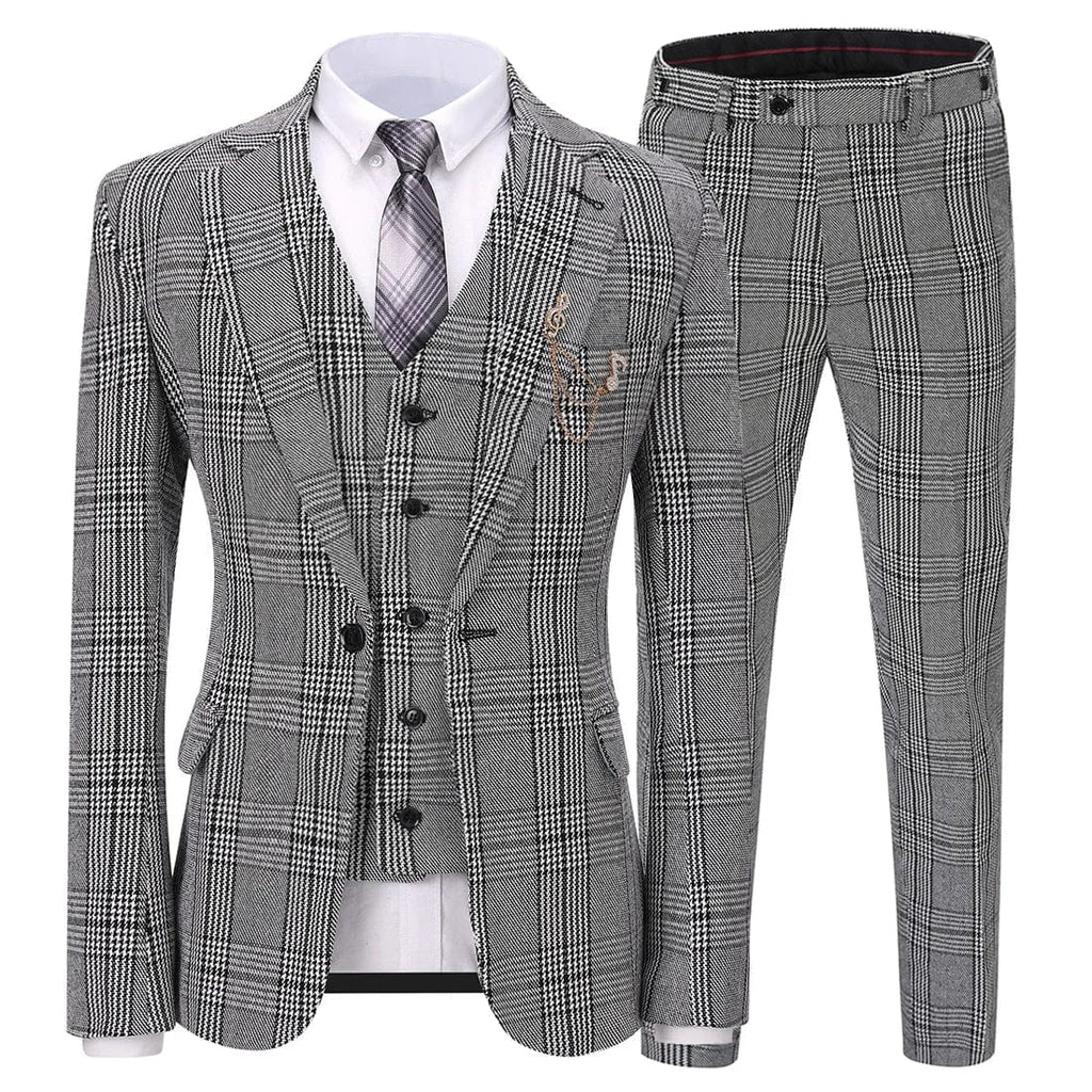 Showlu men's 3-piece plaid suit with slim fit wool tweed, featuring shawl lapel, blazer, vest, and matching pants for formal occasions.