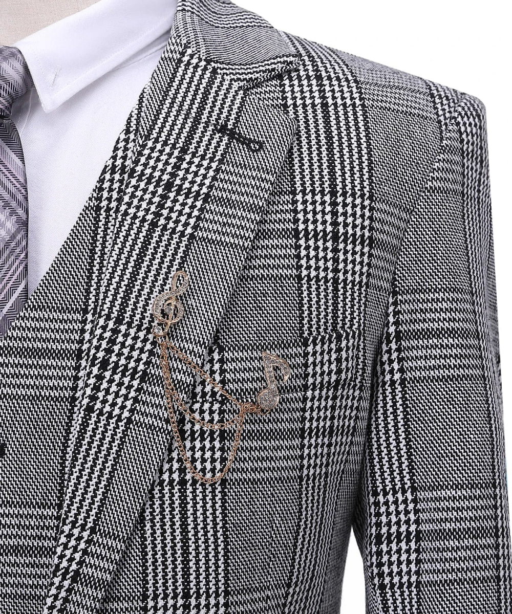 Showlu men's 3-piece plaid suit with slim fit wool tweed, shawl lapel, grey tuxedo for wedding or formal occasions.