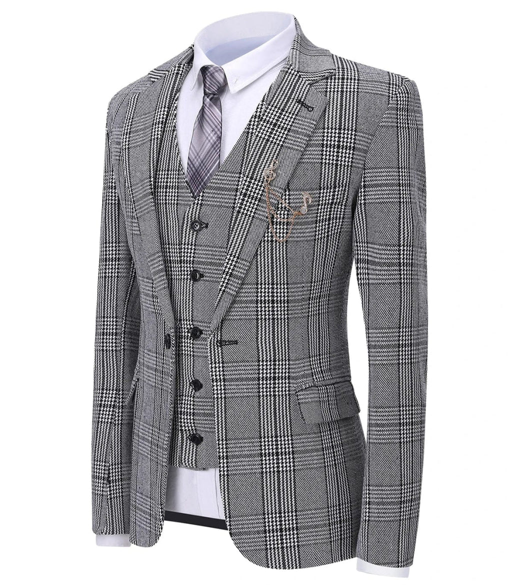 Showlu men's 3-piece plaid suit with slim fit wool tweed, featuring shawl lapel, blazer, vest, and trousers for formal or wedding attire.