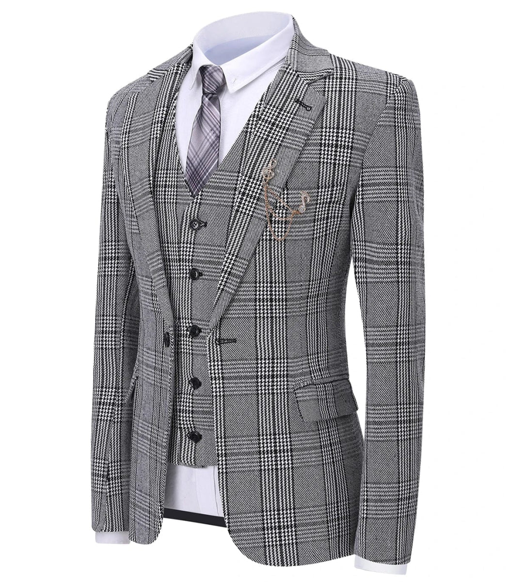 Showlu men's 3-piece plaid suit with slim fit wool tweed, featuring shawl lapel, blazer, vest, and trousers for formal or wedding attire.