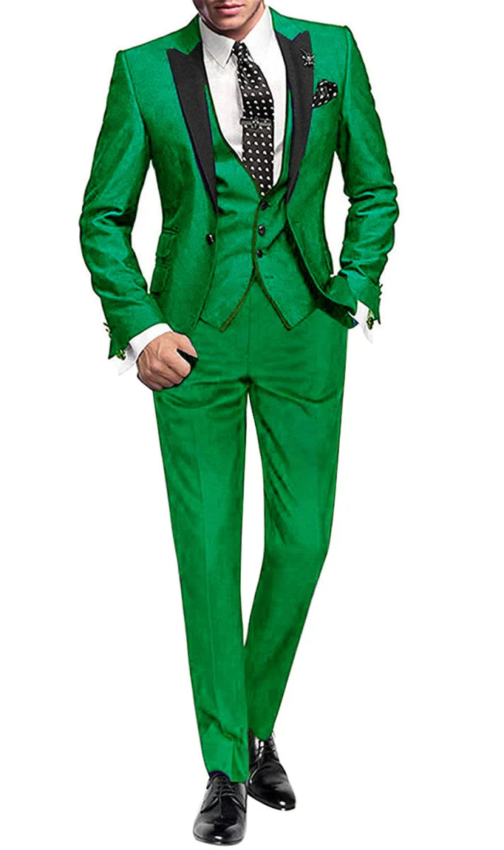 Men's skinny fit suit by SHOWLU FASHION with peak lapel jacket, vest, and pants, featuring a stylish one-button jacket.