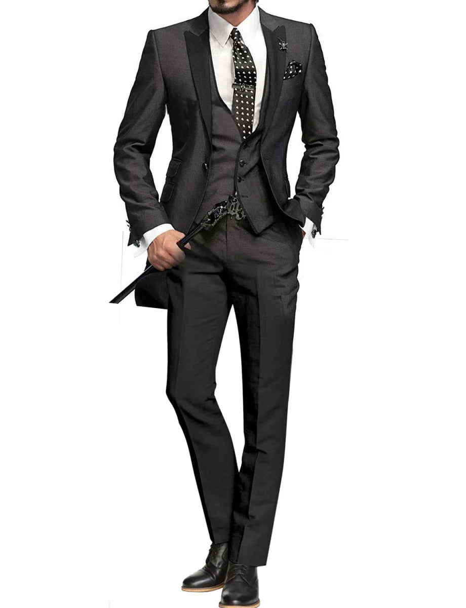 Men's Yaflonjaa 3-piece skinny fit suit with peak lapel jacket, vest, and pants, stylish formal attire for men.